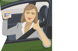 A woman sitting in the driver's seat of a German car holding up her driving licence and giving a thumbs up to show she's passed her test.