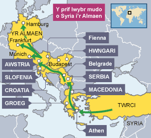 Taith y ffoaduriaid ar draws Ewrop.