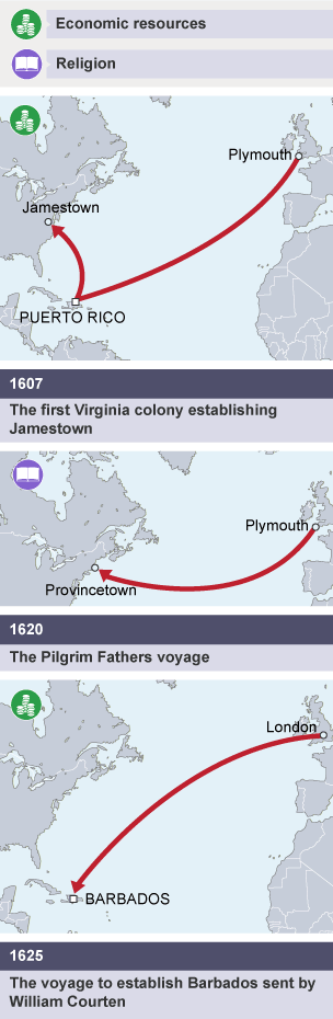 Three maps illustrating the growth of British imperial involvement in the Americas in 1607, 1620 and 1625