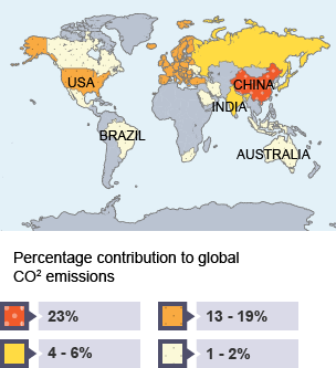 Map showing countries contributiona to global CO2 emissions.