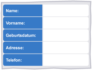 An incomplete table featuring fields for personal information about name, surname, DOB, address, telephone.