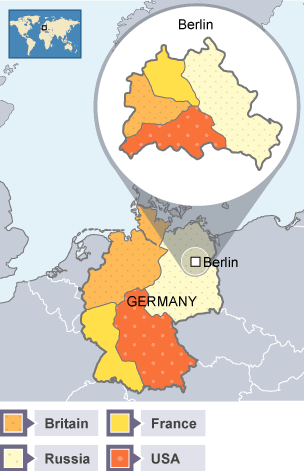 Map of Germany with Berlin maginified to show it's division into four regions.