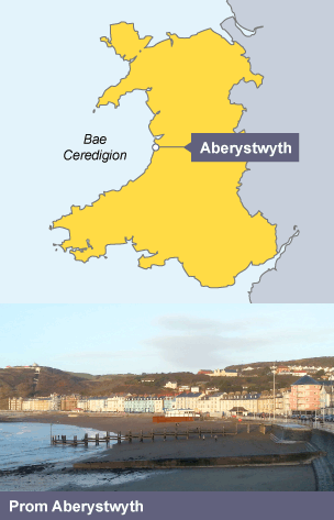 A map of Wales labelling Aberystwyth and Cardigan Bay and a photo of Aberystwyth promenade