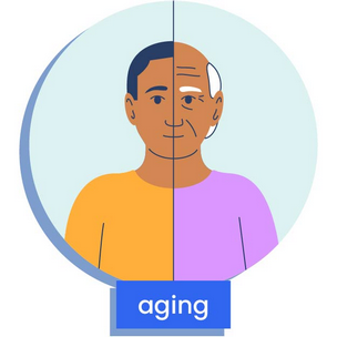 a face split in two, with one side much older, depicting aging 