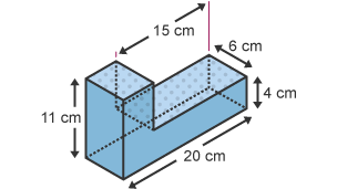 A composite shape measuring 11 cm x 20 cm x 4 cm x 6 cm x 15 cm with one face highlighted