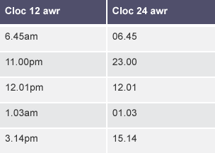 Tabl cyflawn yn dangos amseroedd ar ffurf cloc 12 awr, a chloc 24 awr