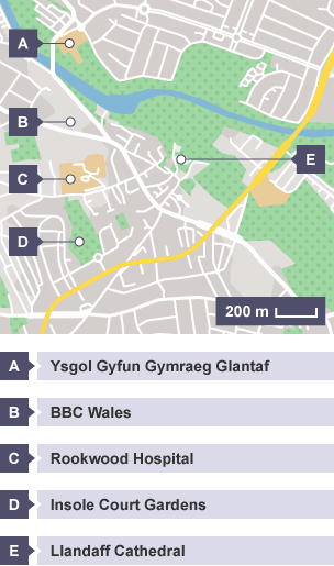 A map of Cardiff with points labelled from A to D