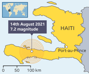A map showing the position of the earthquake that took place Haiti in 2021