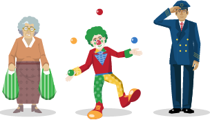 A collection of 3 random characters - an old lady, a circus clown and a pilot