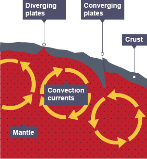 Circular convection currents in the mantle move the plates on top - either diverging (plates move away from each other) or converging (plates move towards each other).