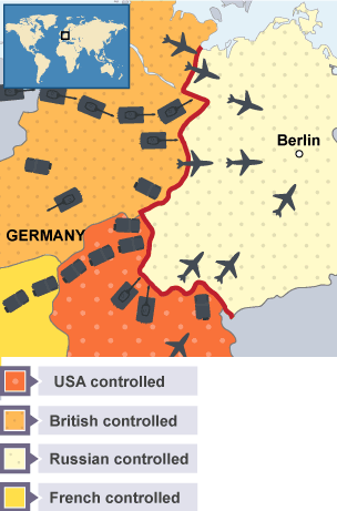 A map showing the allies' four zones of occupation in Germany after World War II