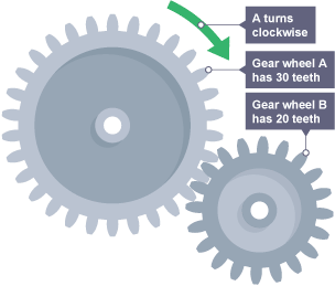 There are two gears, the larger gear A turns clockwise and has 30 teeth. Gear B is smaller and has 20 teeth.