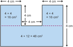 Divide the shape into squares and rectangles, find their individual areas and then add them together.