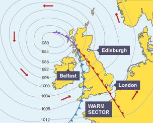 Illustration showing depressions on a UK weather chart