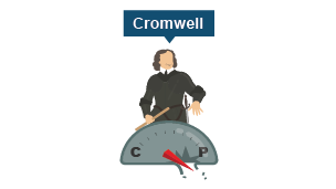 An illustration of Cromwell. A compass shows an arrow pointing towards P for protestant and breaking the compass