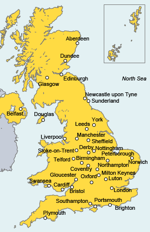 Map of the major cities in the UK.