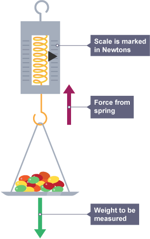 A spring balance scale has a pile of marbles on its scale, which weigh it down. This shows the force from the spring and the marble's weight.