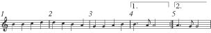 5 bars of music, with repeats in bar 4 and 5. Above bar 4 a closed bracket with 1. Above bar 5 an open bracket with 2.