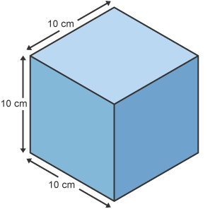 A 3D cube with sides that measure 10 cm.