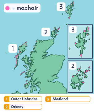 Map of machair areas in Scotland with a close up of Shetland and Orkney
