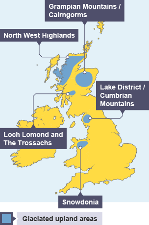 Glaciated uplands in the UK: North-west Highlands, Grampian Mountains/Cairngorms, Loch Lomond and the Trossachs, Lake District/Cumbrian Mountains, Snowdonia