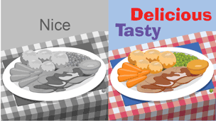 Two identical plates of food, one dull and grey that is described as 'nice', and the other colourful and interesting that is described as 'tasty' and 'delicious'