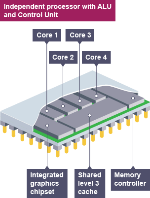 A multi-core central processing unit, including an integrated graphics chipset, a shared level 3 cache, and a memory controller.