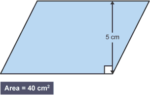 Parallelogram with height labelled and area stated