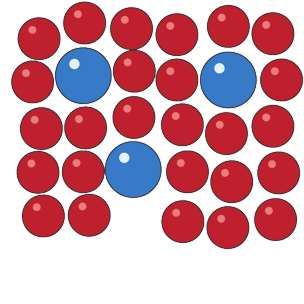 Different sized atoms in an alloy. An alloy is a mixture of two or more elements, at least one of which is a metal.