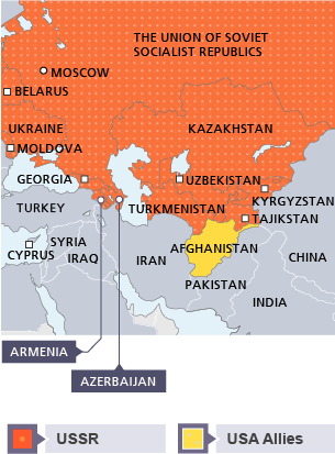 Map showing the proximity between USA Allied Afghanistan and the Soviet Union.