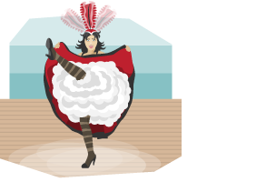 A woman dancing the can-can on stage, in full costume.