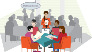 4 young people sitting at a table at a delicatessen, giving their order to a waitress.