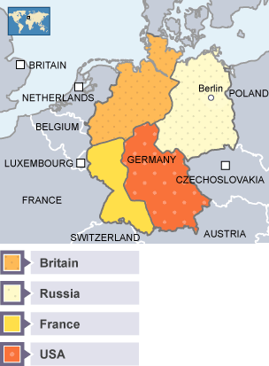 Map of how Germany was split into four parts controlled by Britain, France, Russia and the US.