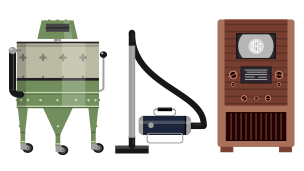 Sugnwr llwch, peiriant golchi a radio yn ystod y Dirwasgiad.