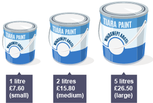 3 tins of paint. 1 litre £7.60 (small) 2.5 litres £15.80 (medium) 5 litres £26.50 (large)