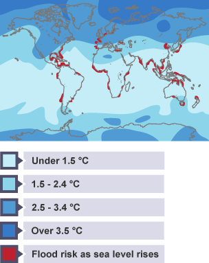 Map of the world showing projected increases in temperature