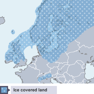 Most of northern Europe was covered in ice during the Ice Age, including most of the British Isles and Scandinavia.