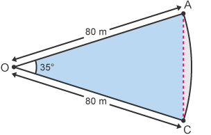 Sector gydag ongl o 35° a radiws o 80 m gyda’r segment wedi ei dywyllu.