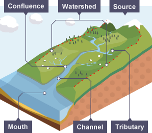 The river starts at the source, and flows down the channel to the mouth. Tributaries flow into the channel at confluences. The boundary of the floodplain is the watershed.