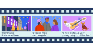 film strip with three panels depicting a quote from each stanza of the poem