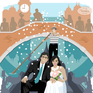 Wedding in Venice set in 1950s with couple in gondola, clock tower set at 3pm in background with guests on bridge throwing confetti.