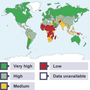 HDI map of the world 2017. The dark green countries have the highest HDI and the red areas have the lowest HDI.