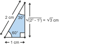 A right-angled triangle with side lengths of 2 cm and 1 cm. The third side is shown as Root(22 – 12) = root3 cm.