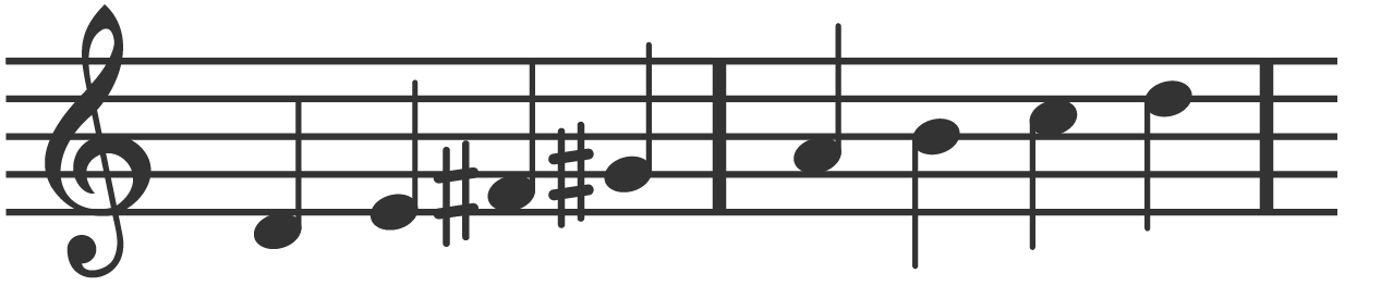 An image of eight crotchets over two bars of musical notation in the treble clef starting and finishing on D using the Lydian mode.  D, E, F sharp, G sharp, A, B, C and D