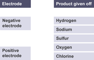 'Negative electrode' and 'positive electrode' written on the left with five possible products given off on the right.