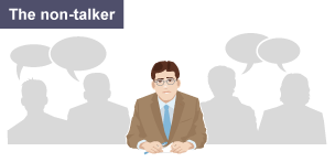 Image of a male character in office wear sitting, looking nervous. The image is labelled 'The non-talker.'