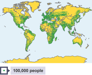 Dot map showing global population density. The key explains that every dot on the map represents one hundred thousand people.