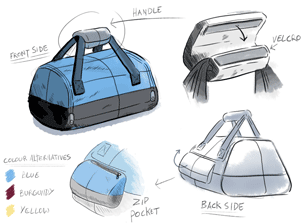 Freehand sketches of a sports bag with detailed sketches of handles, pockets and different colour options