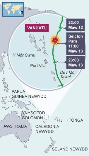 Map yn dangos llwybr seiclon Pam tuag at ddwyrain Vanuatu.