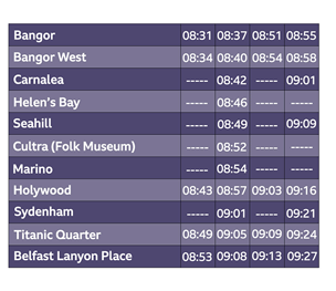 Bangor to Belfast train timetable